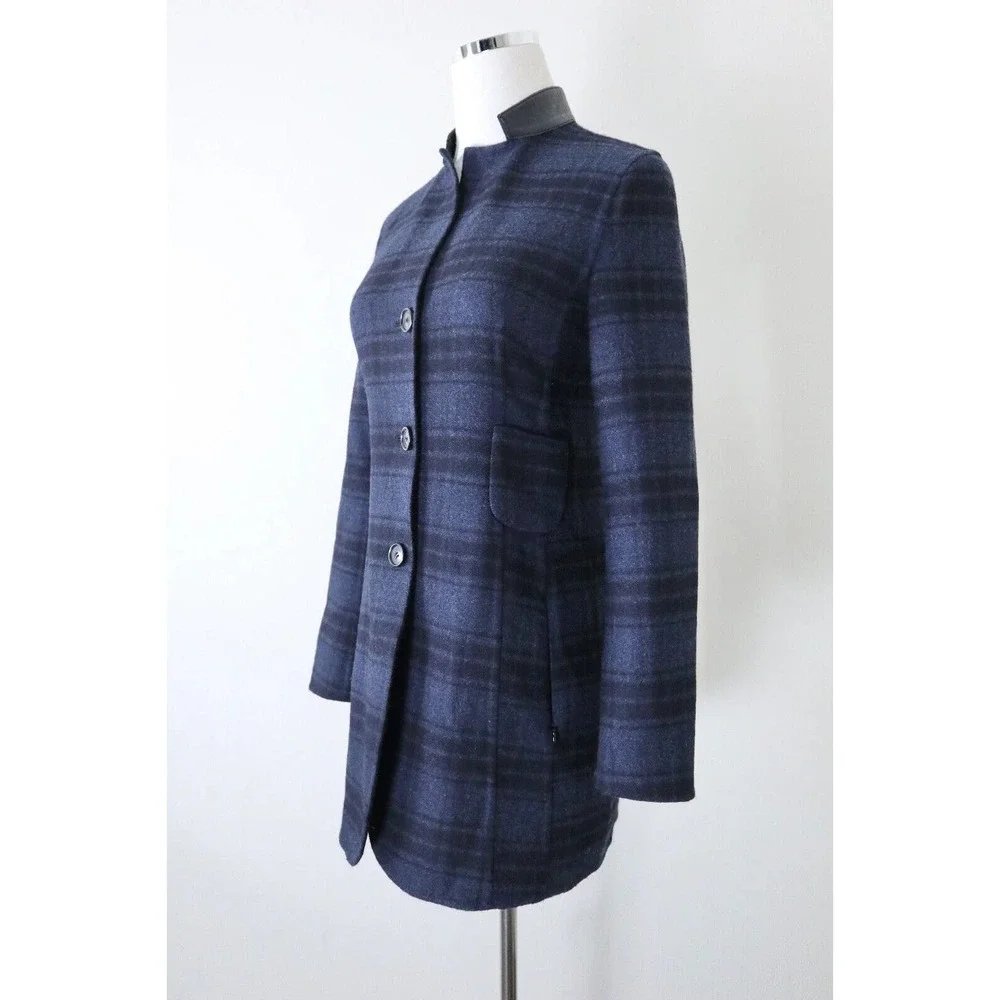 Akris US 4 Double Faced Wool Reversible Longline Jacket Navy Plaid Black - Picture 4 of 16